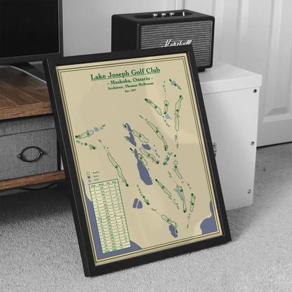 Framed map of Lake Joseph Golf Club on a carpeted floor with a speaker in the background.