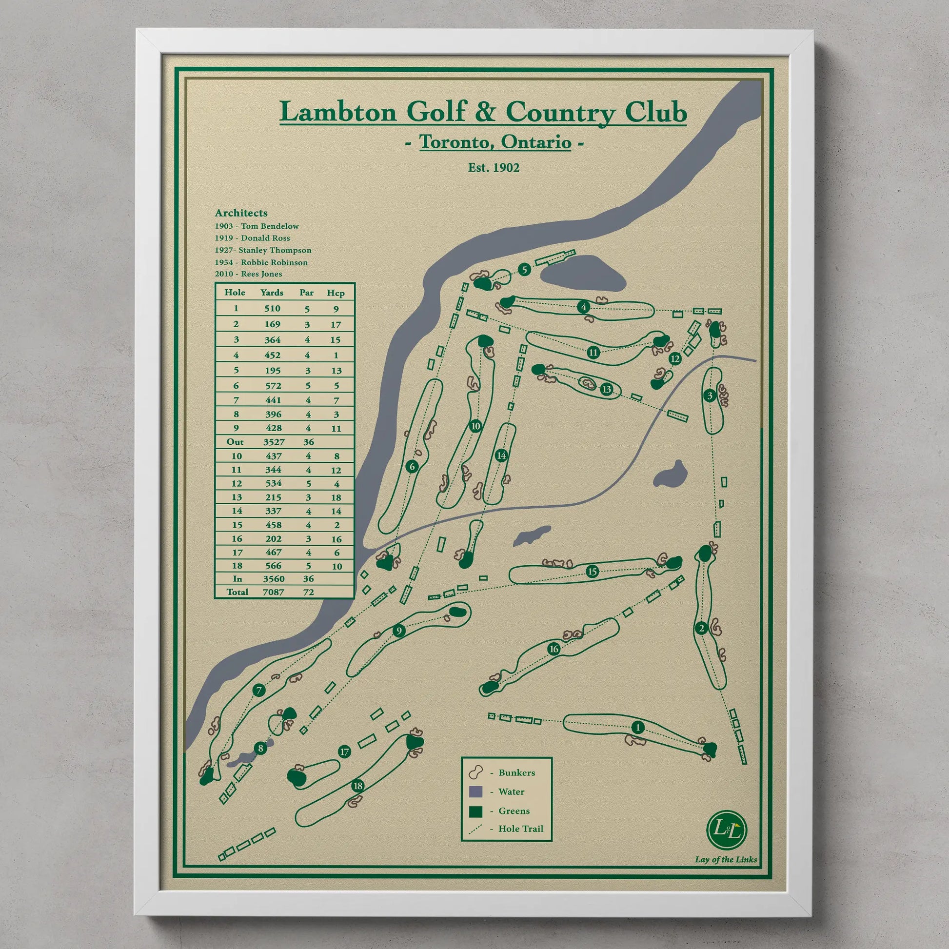 Map of Lambton Golf & Country Club, Toronto, Ontario on a beige background with green and black text.