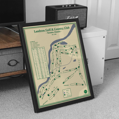 Framed map of Lambton Golf & Country Club on a carpeted floor with a Marshall amplifier in the background.
