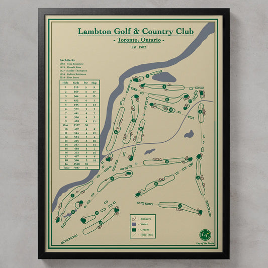 Framed Course map of Lambton Golf & Country Club, Toronto, Ontario on a beige background