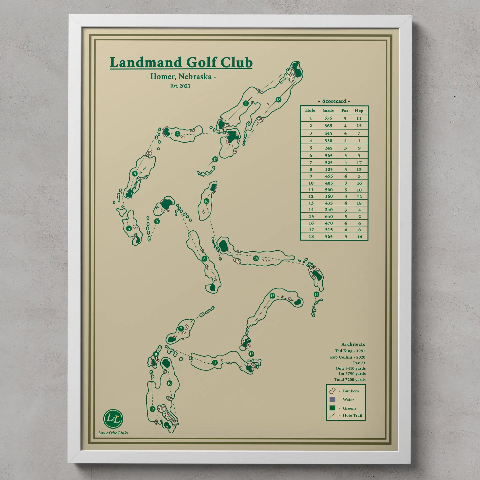 Framed map of Landmand Golf Club on a beige background