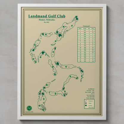Framed map of Landmand Golf Club on a beige background