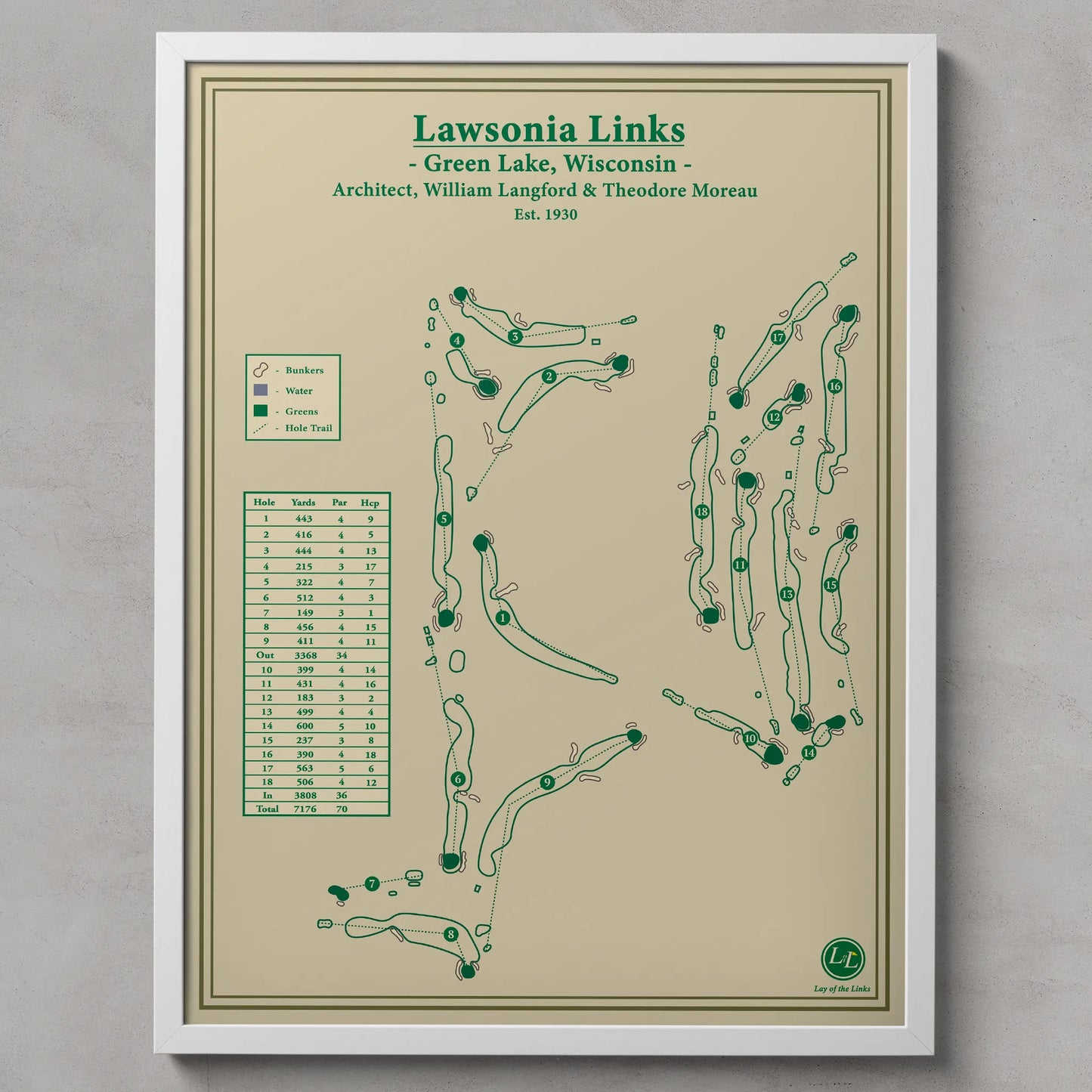 Lawsonia Links Course Map Print - Wisconsin Golf Art - White Frame