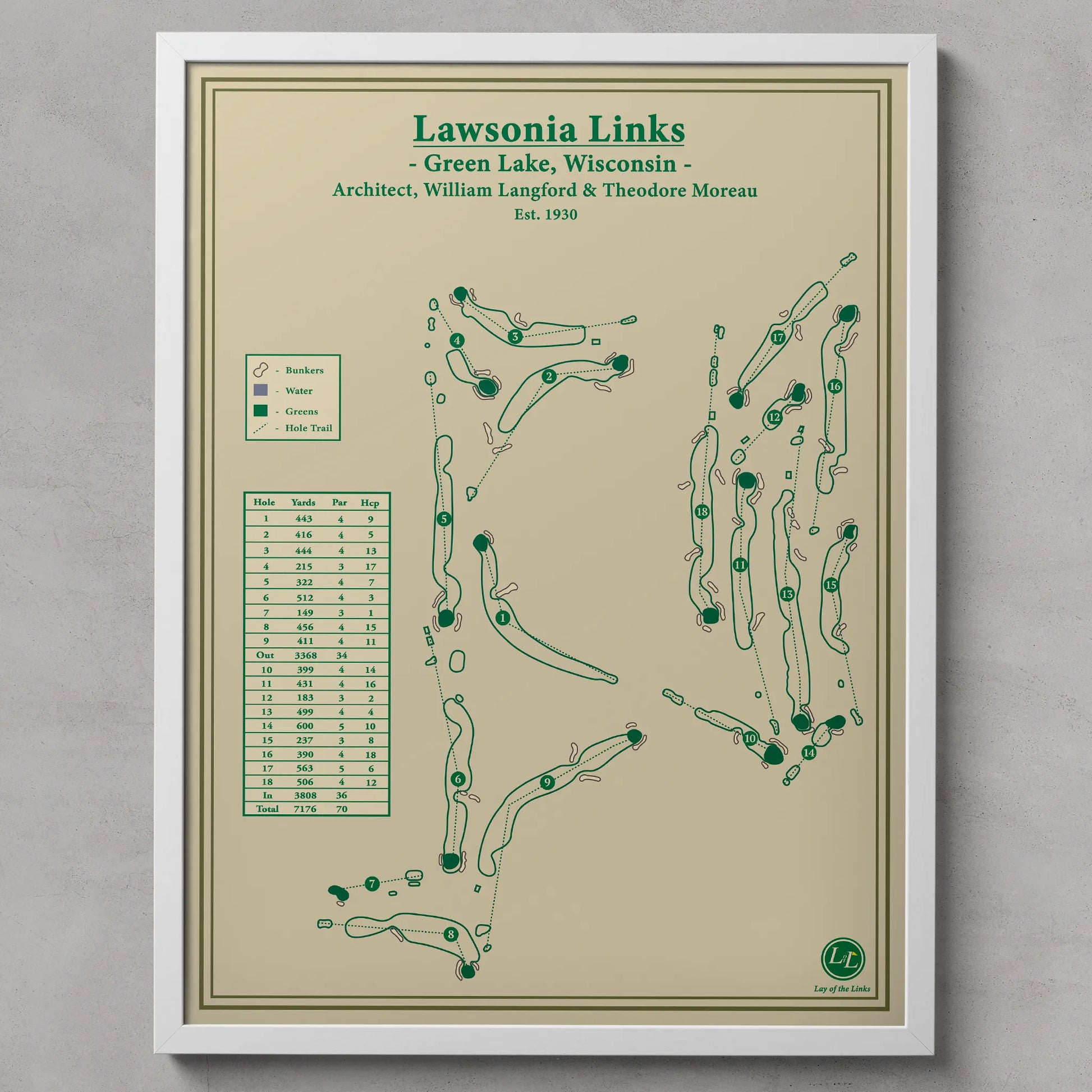 Lawsonia Links Course Map Print - Wisconsin Golf Art - White Frame