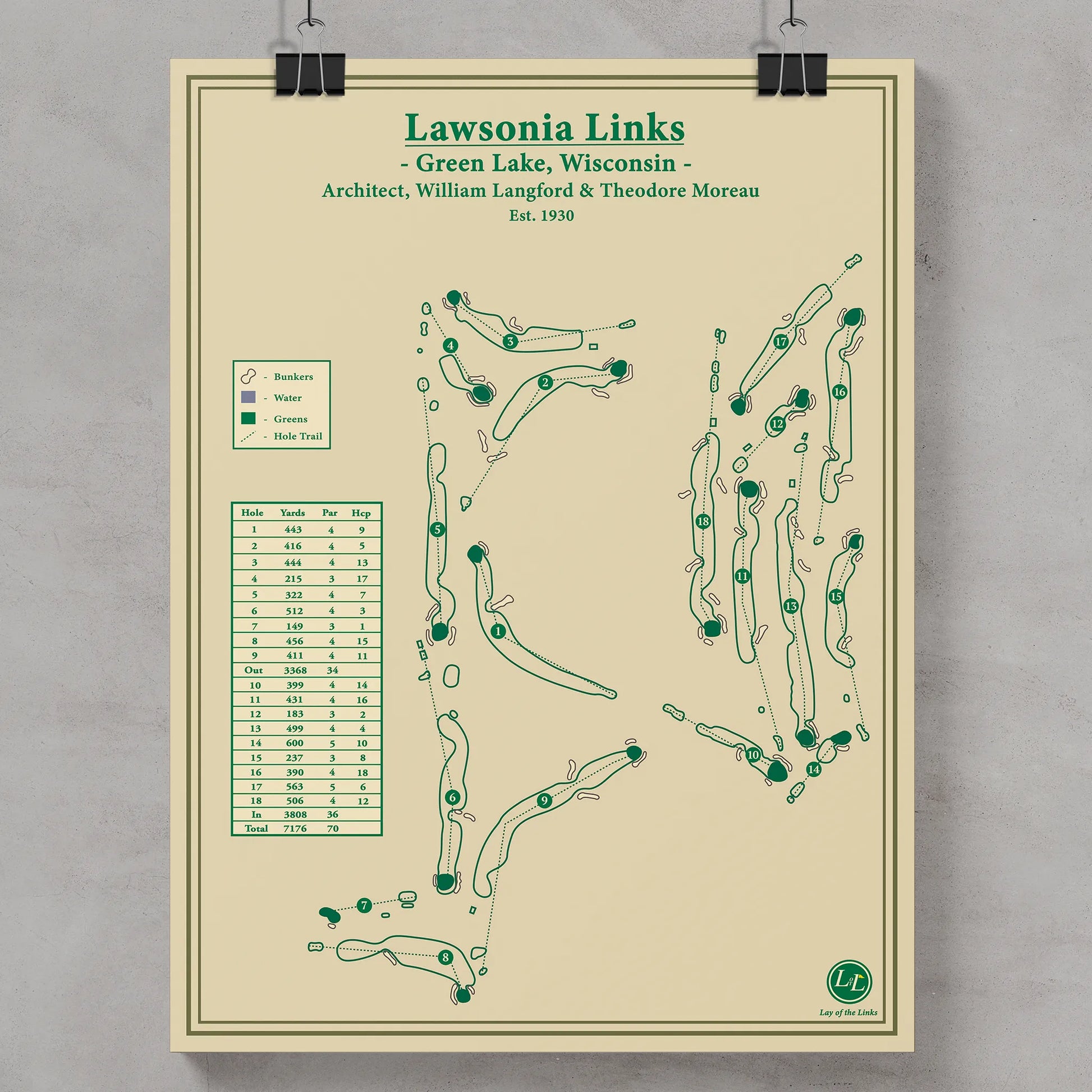 Golf course map of Lawsonia Links in Green Lake, Wisconsin, on a beige background.