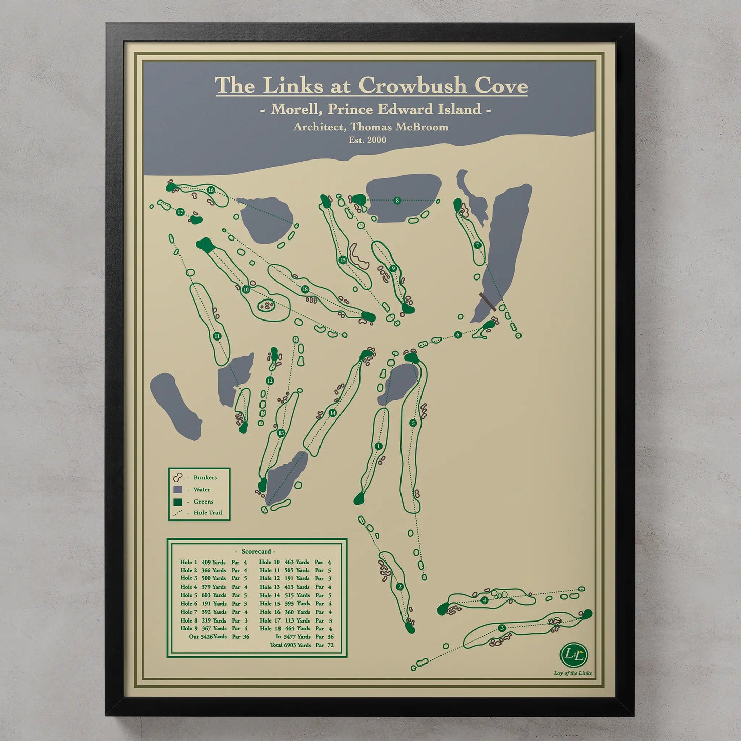 Golf course map The Links at Crowbush Cove on a beige background with a black frame.