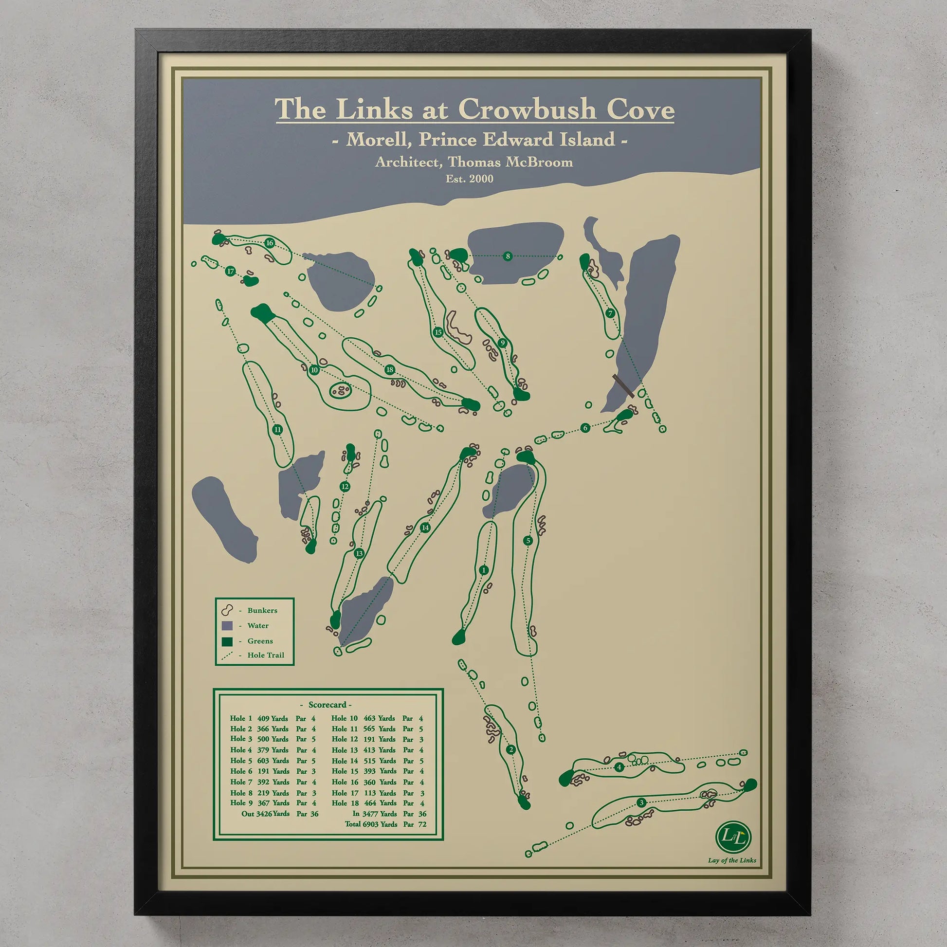 Golf course map The Links at Crowbush Cove on a beige background with a black frame.