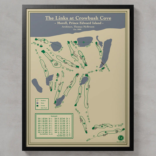 Golf course map The Links at Crowbush Cove on a beige background with a black frame.