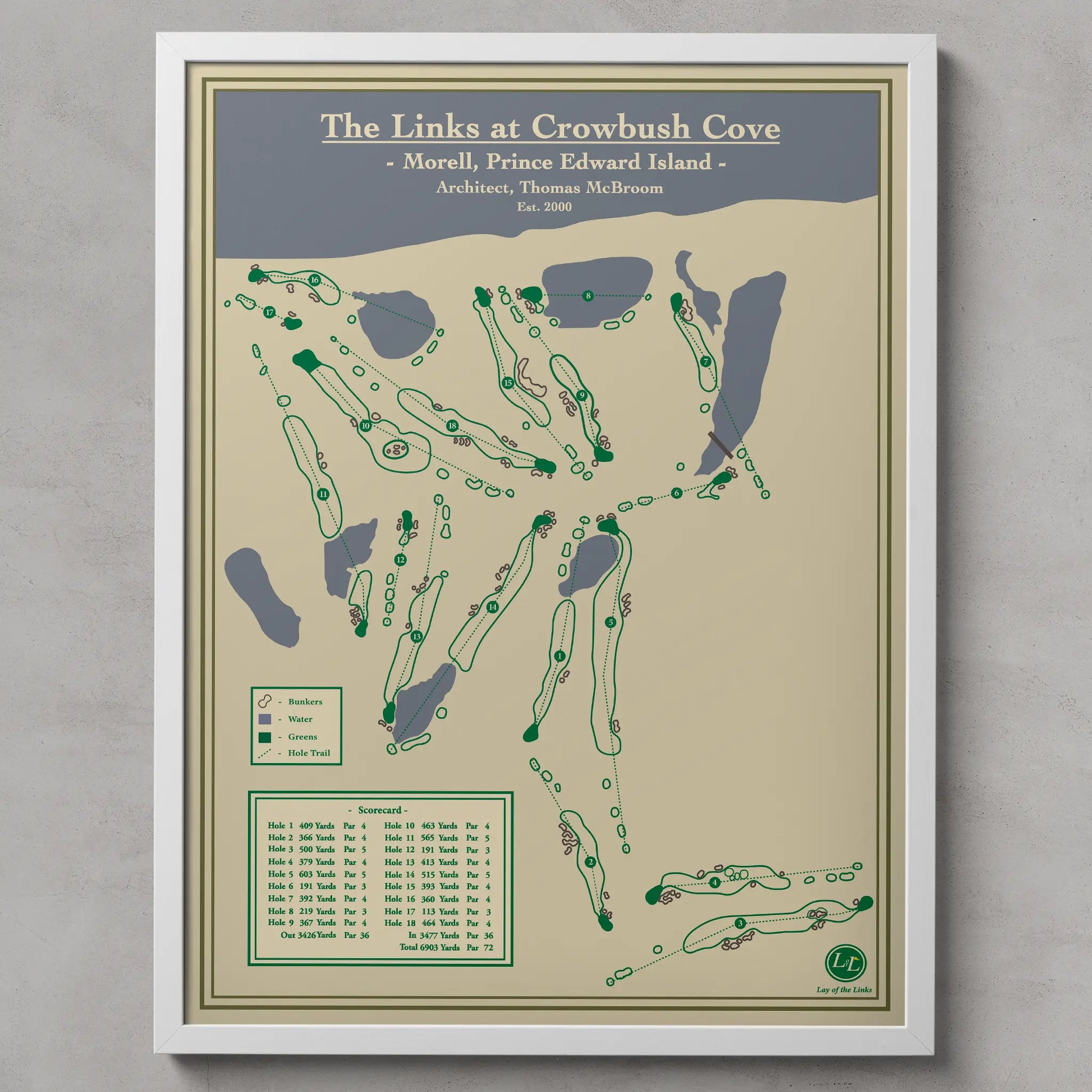 Golf course map of The Links at Crowbush Cove on a beige background with a white border.