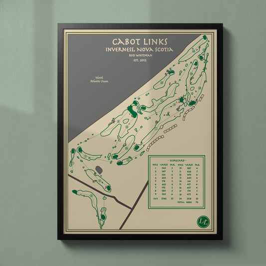 Framed map of Cabot Links golf course in Inverness, Nova Scotia - Blueprint Series