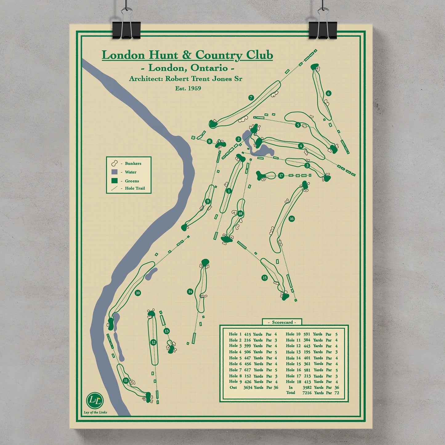 A vintage-style golf map poster of London Hunt & Country Club in Ontario