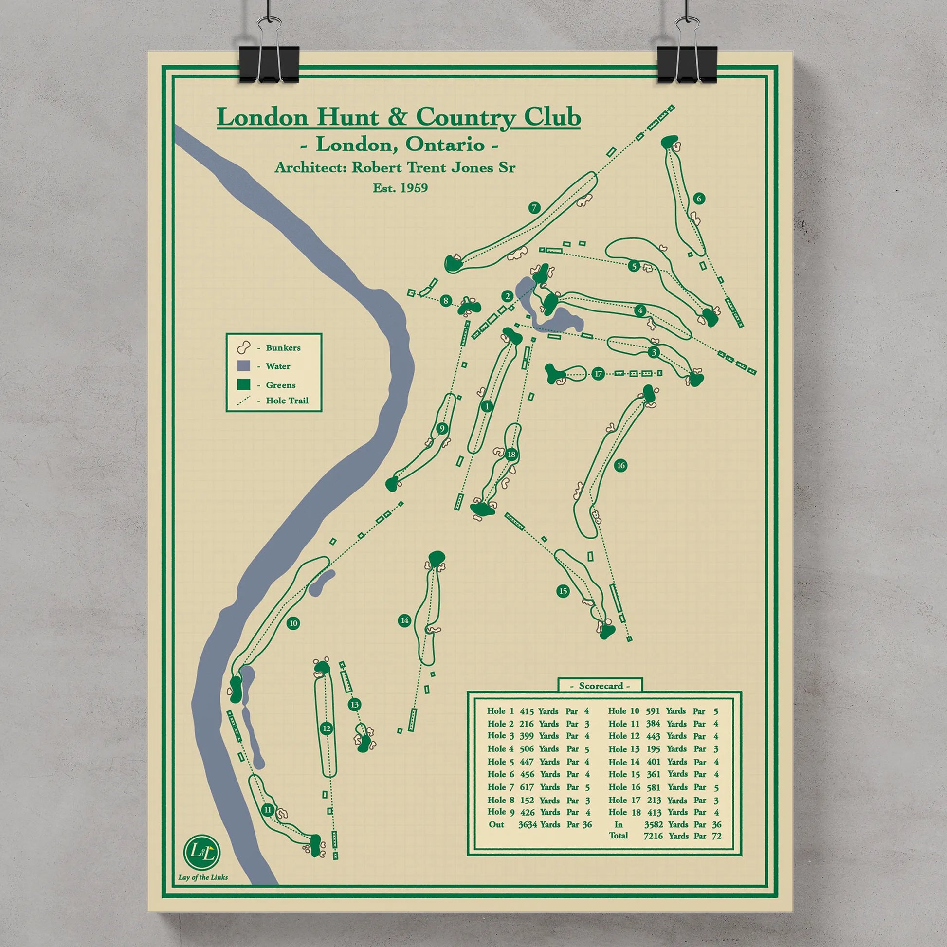 A vintage-style golf map poster of London Hunt & Country Club in Ontario