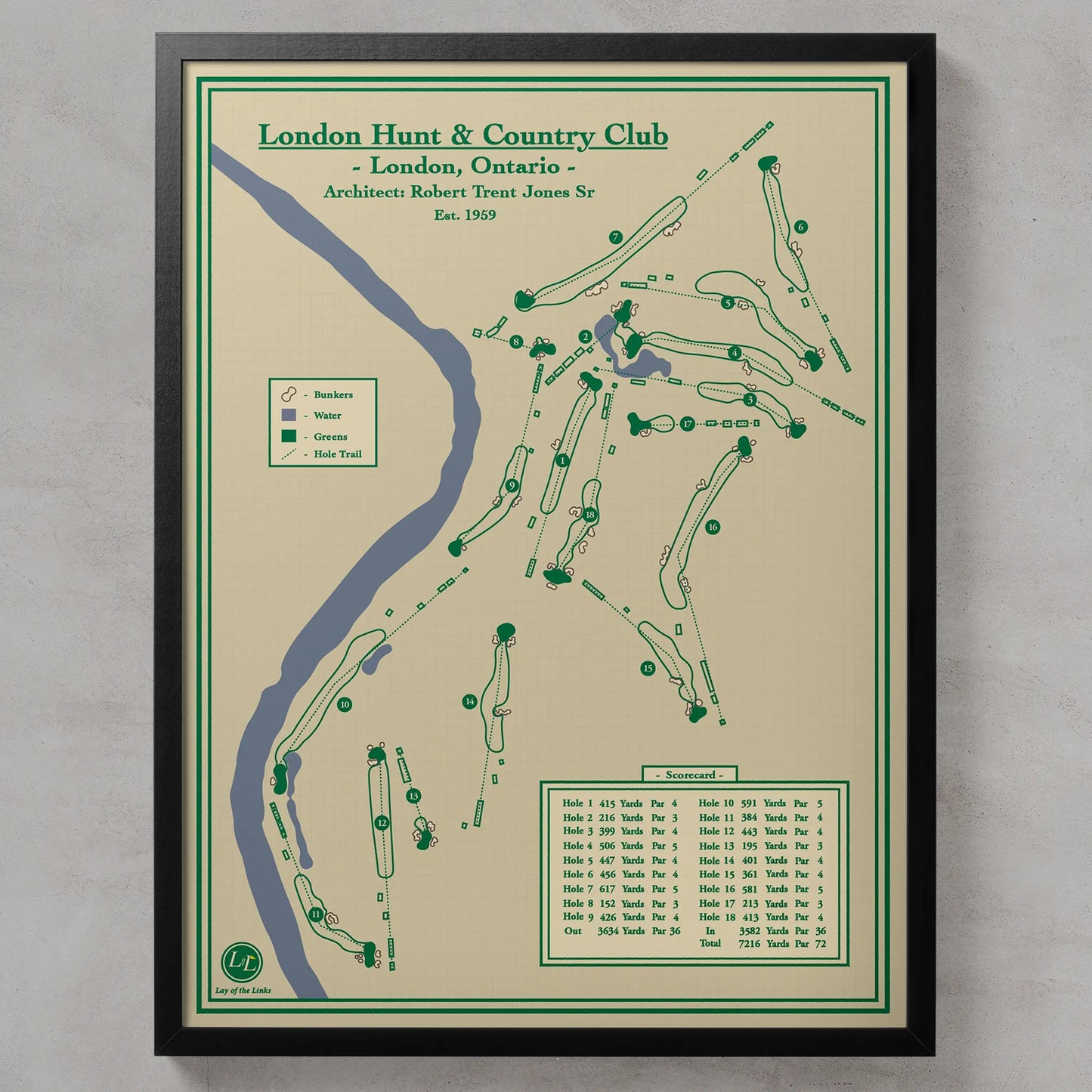 Course map print for London Hunt & Country Club, located in London, Ontario