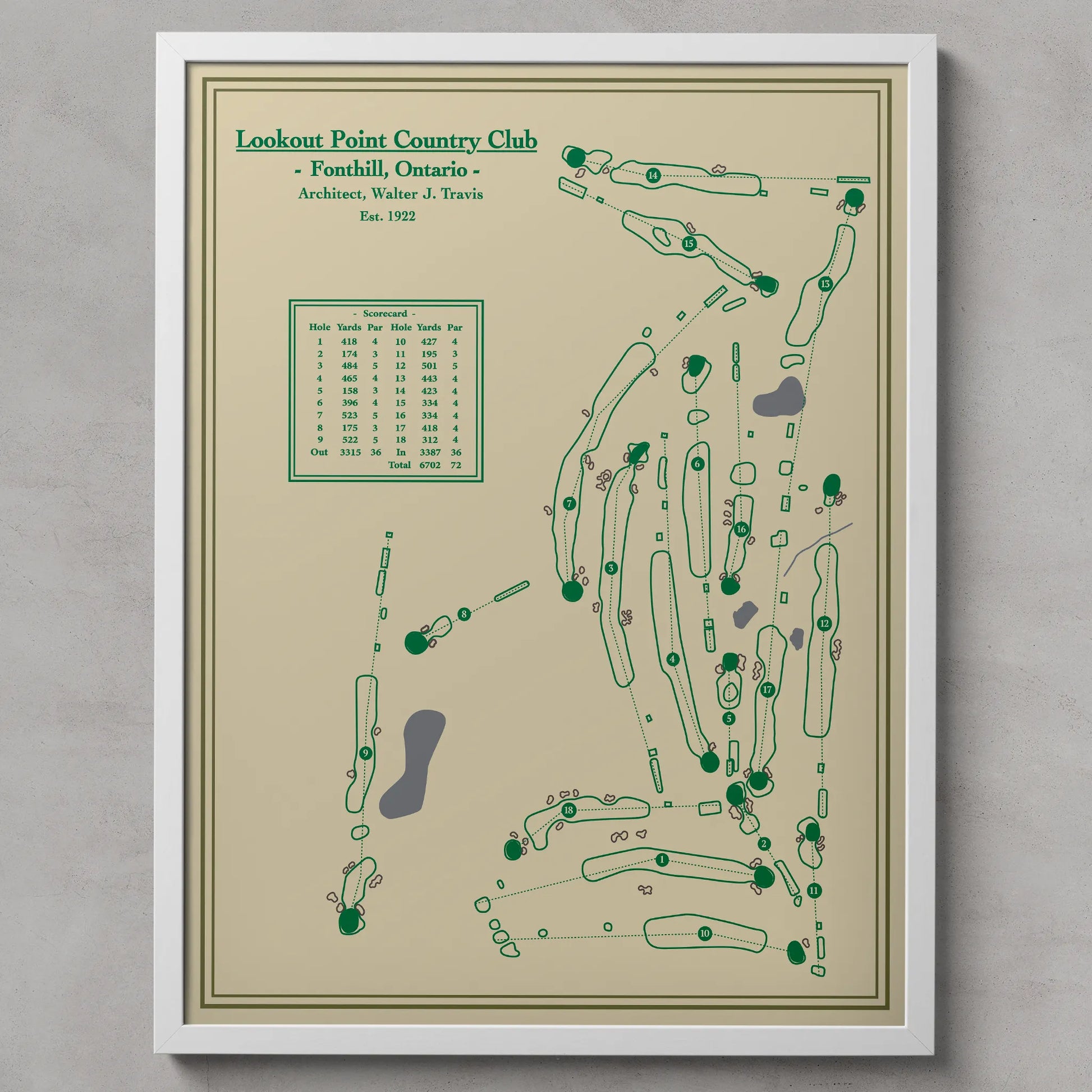 Framed golf course map of Lookout Point Country Club on a beige background