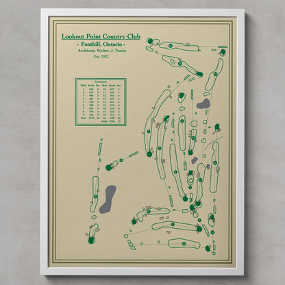 Framed golf course map of Lookout Point Country Club on a beige background