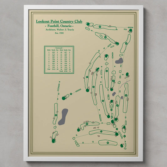 Framed golf course map of Lookout Point Country Club on a beige background