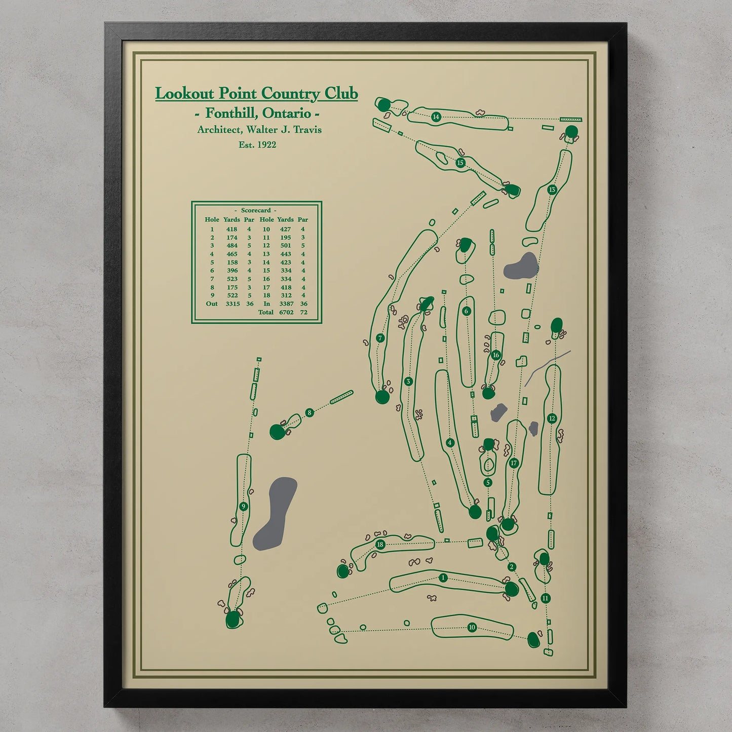 Framed golf course map of Lookout Point Country Club