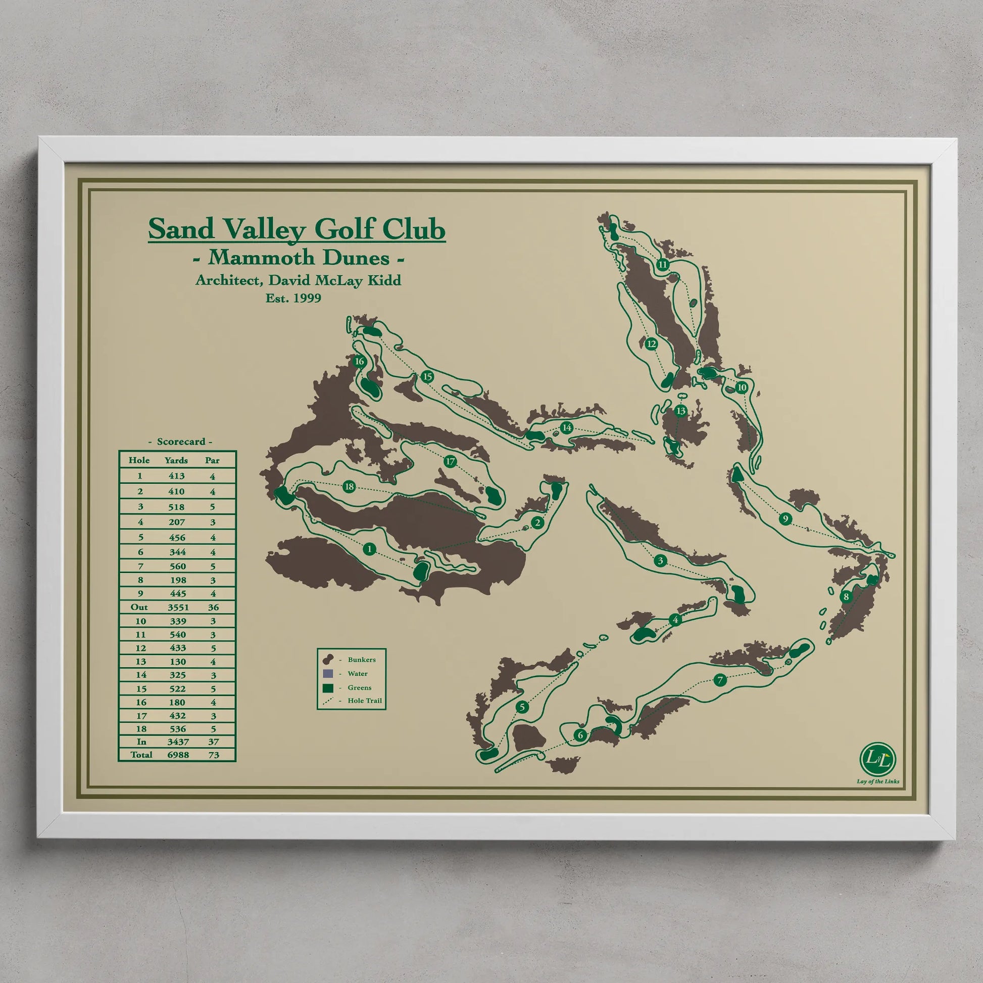 Framed map of Sand Valley Golf Club's Mammoth Dunes course on a beige background