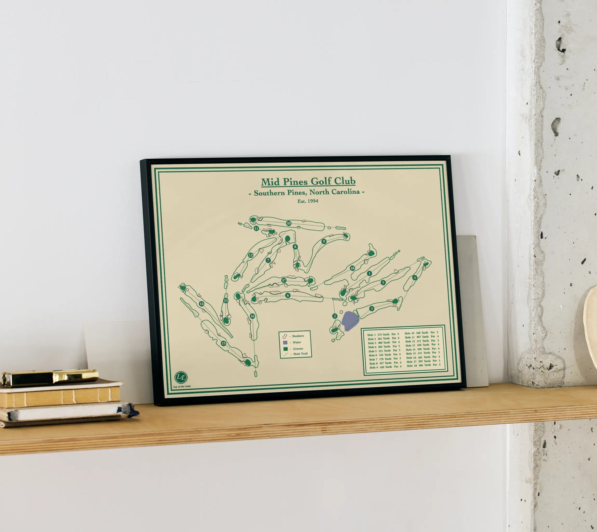 Framed Course Map of Mid Pines Golf Club designed by Lay of the Links