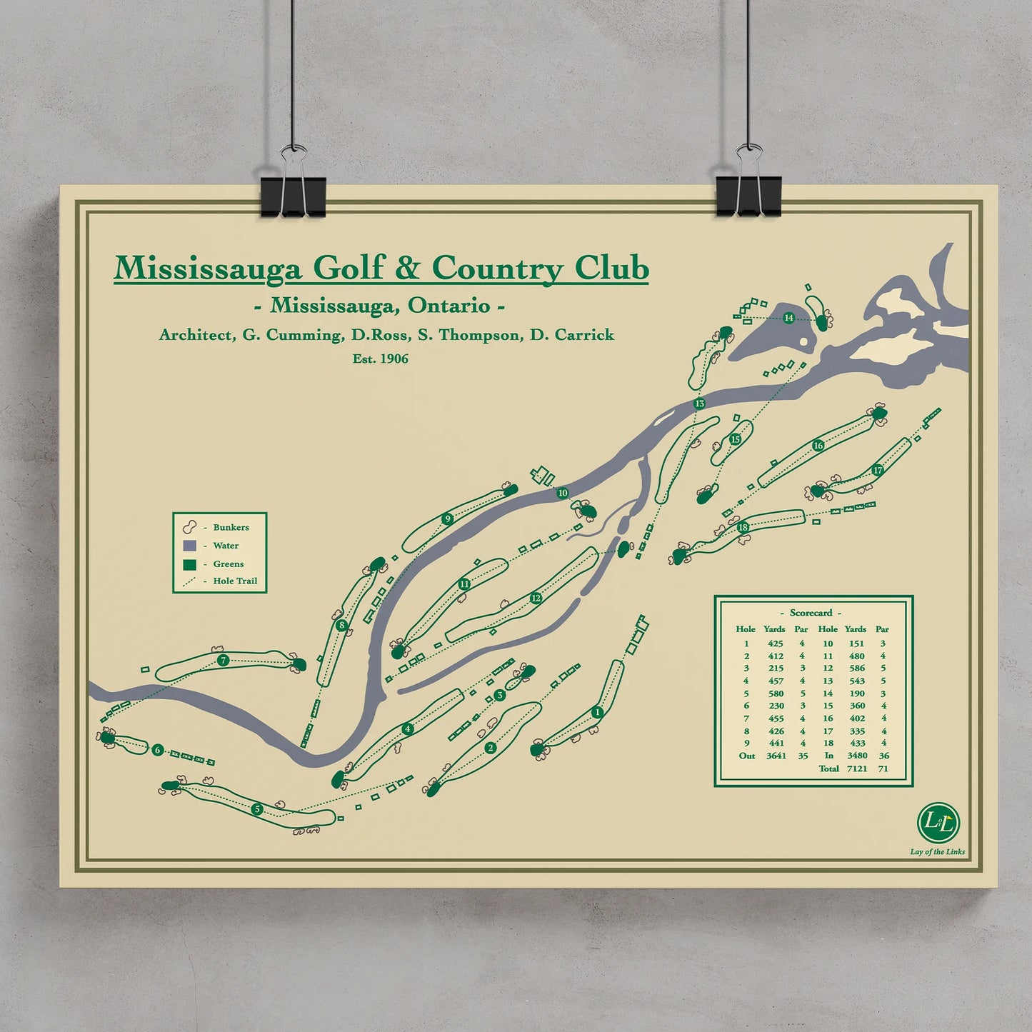 Mississaugua Golf course map poster print showing the classic parkland routing winding through the trees and river.