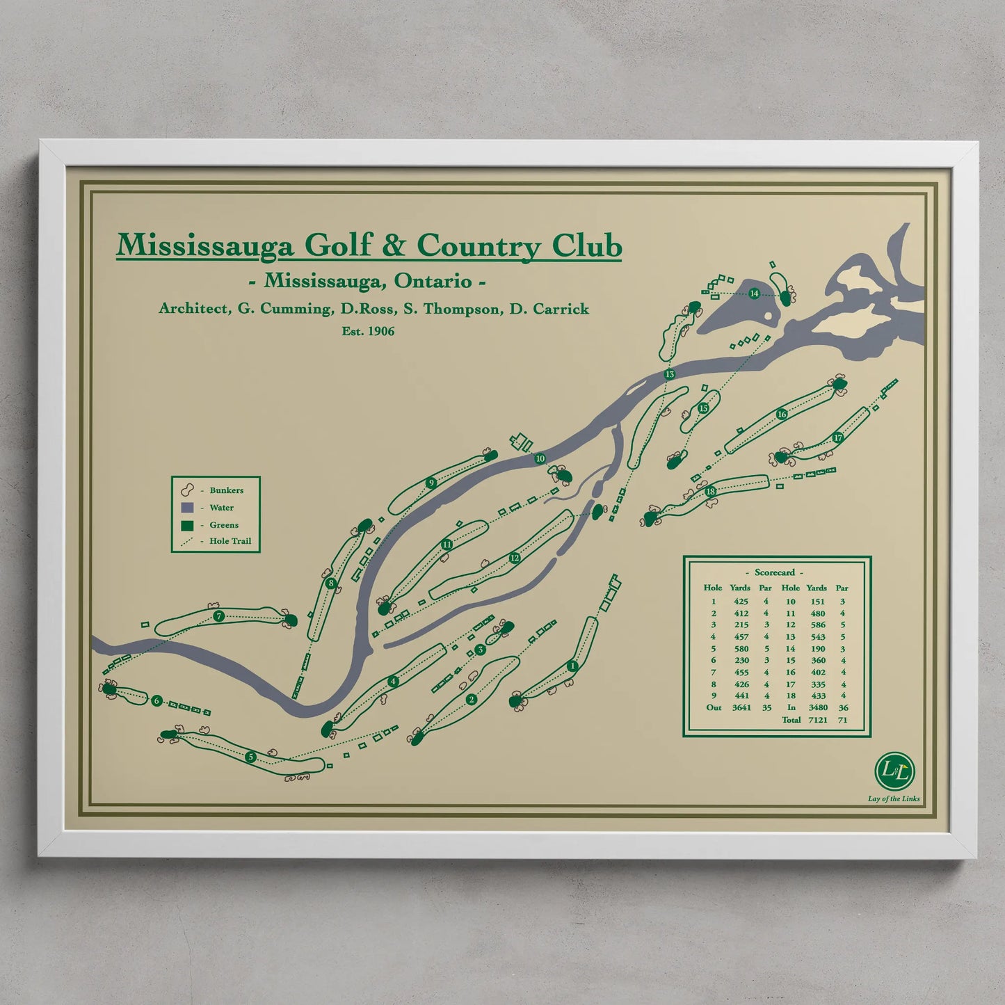 Mississaugua Golf map print in a white frame, featuring the historic private club and Canadian Open host in Ontario.