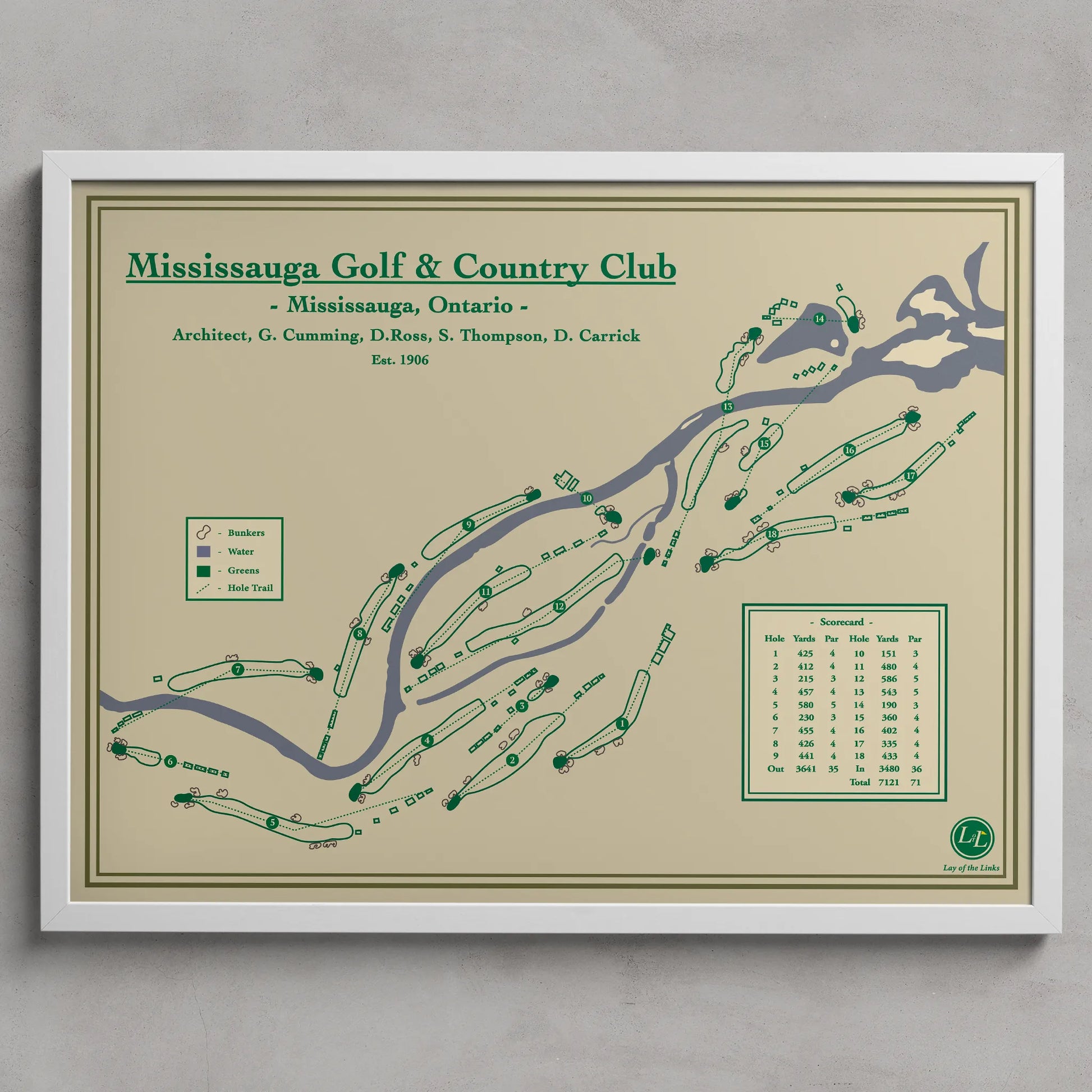 Mississaugua Golf map print in a white frame, featuring the historic private club and Canadian Open host in Ontario.