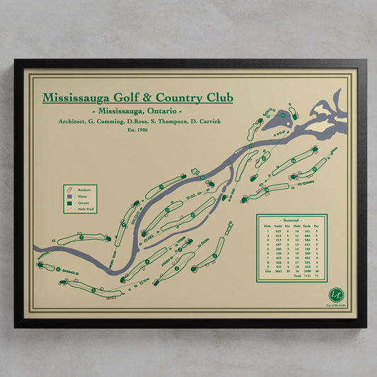 Framed Mississaugua Golf & Country Club map in a black wood frame showing the Stanley Thompson design and Credit River valley.