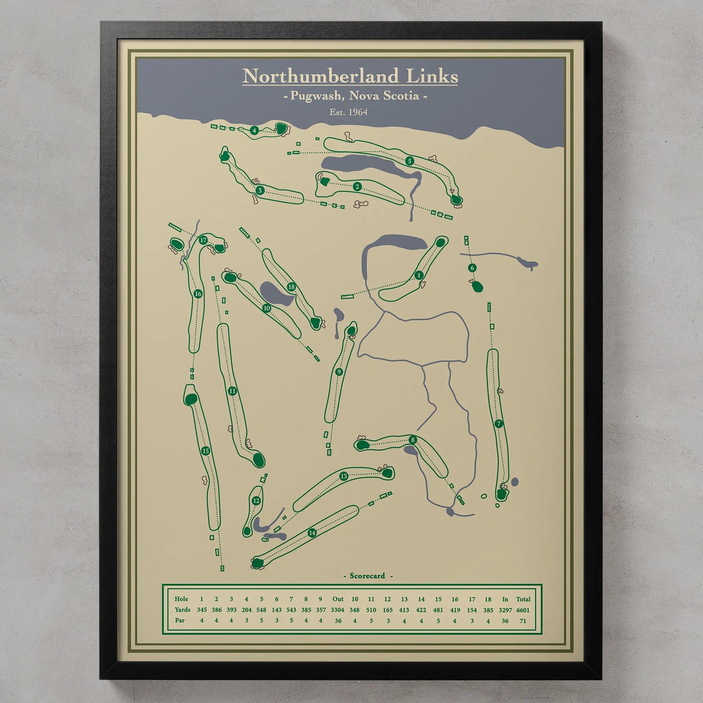 Golf course map of Northumberland Links on a beige background with a black frame.