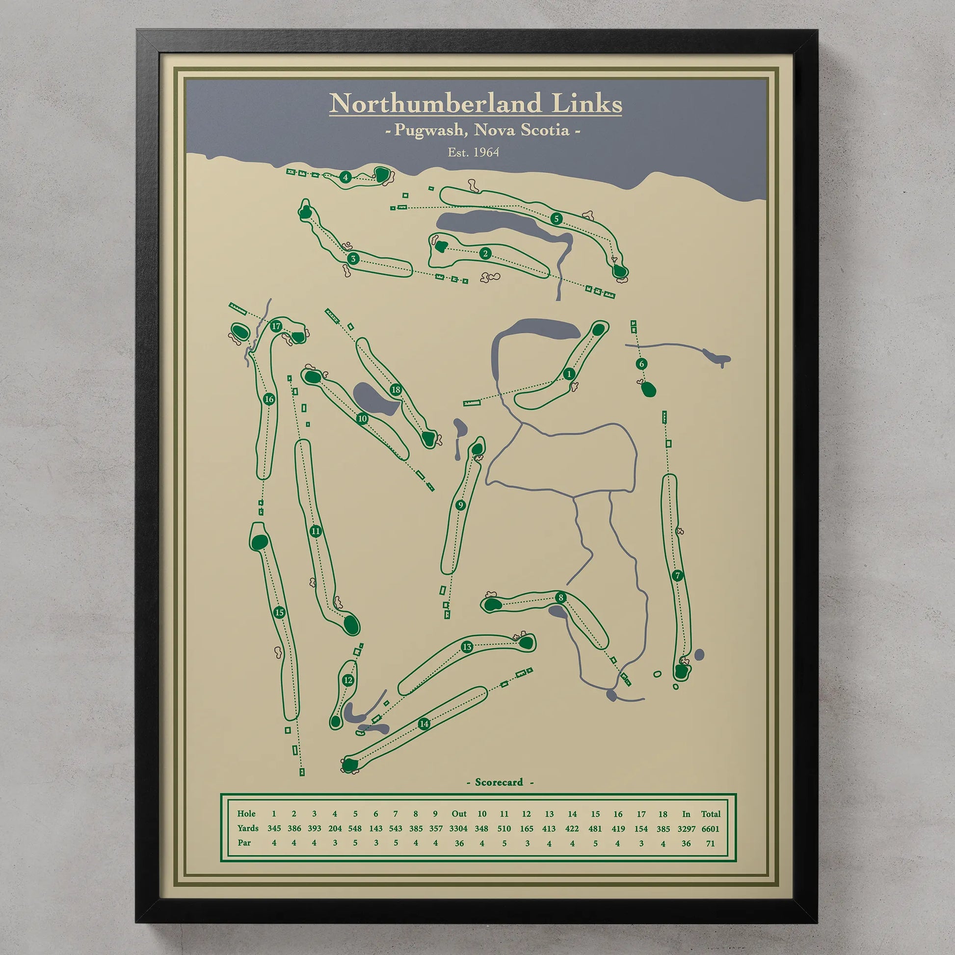 Golf course map of Northumberland Links on a beige background with a black frame.