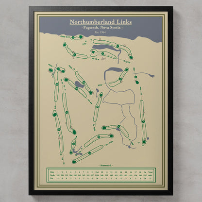 Golf course map of Northumberland Links on a beige background with a black frame.