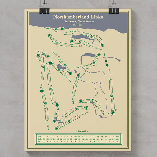 Map of Northumberland Links golf course in Pugwash, Nova Scotia, framed and hanging on a wall.