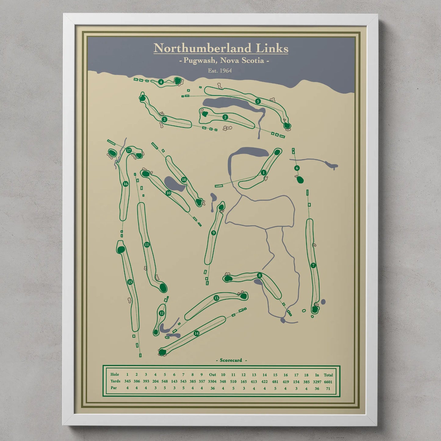 Framed map of Northumberland Links golf course on a beige background