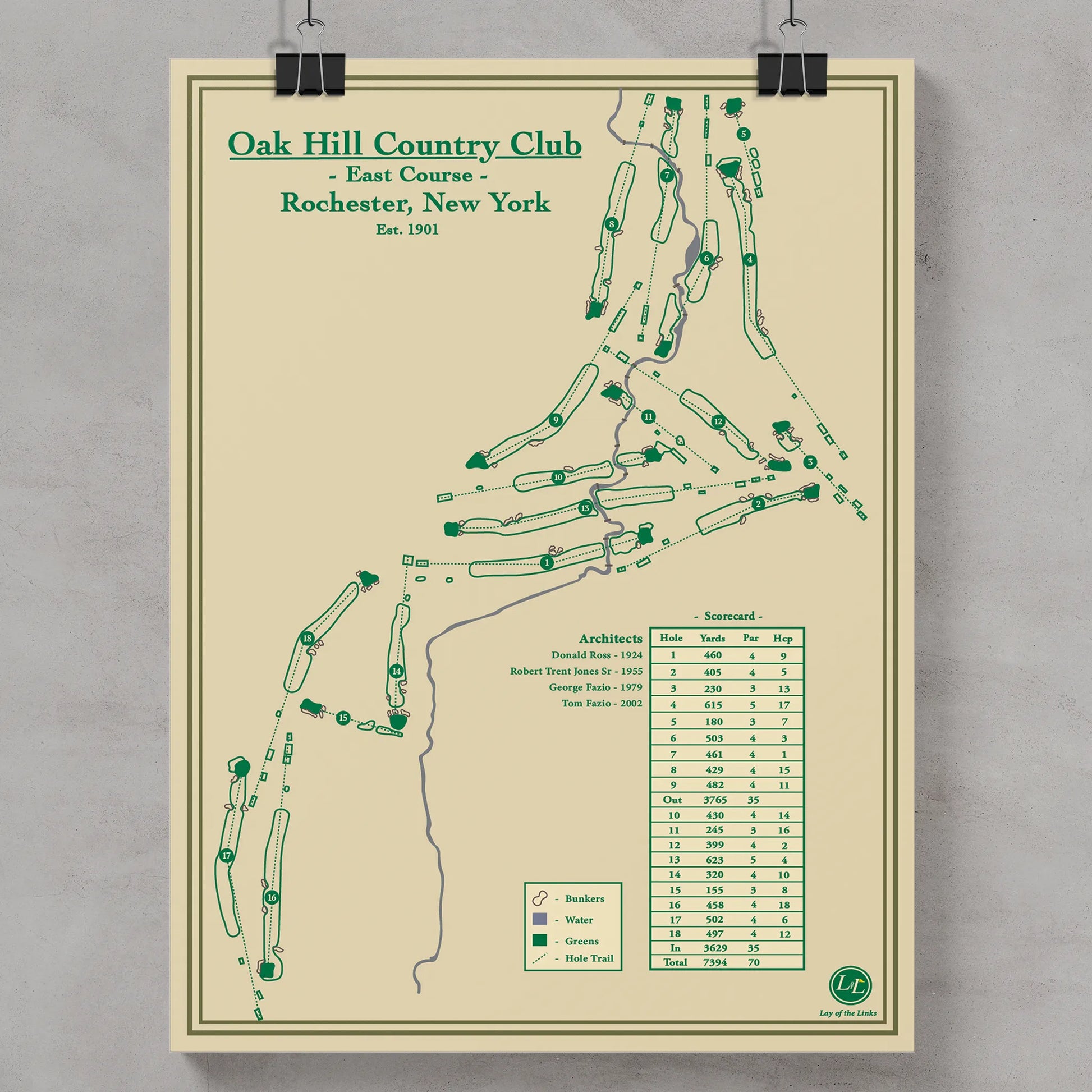 Course Map of Oak Hill Country Club East Course in Rochester, New York, designed by Lay of the Links