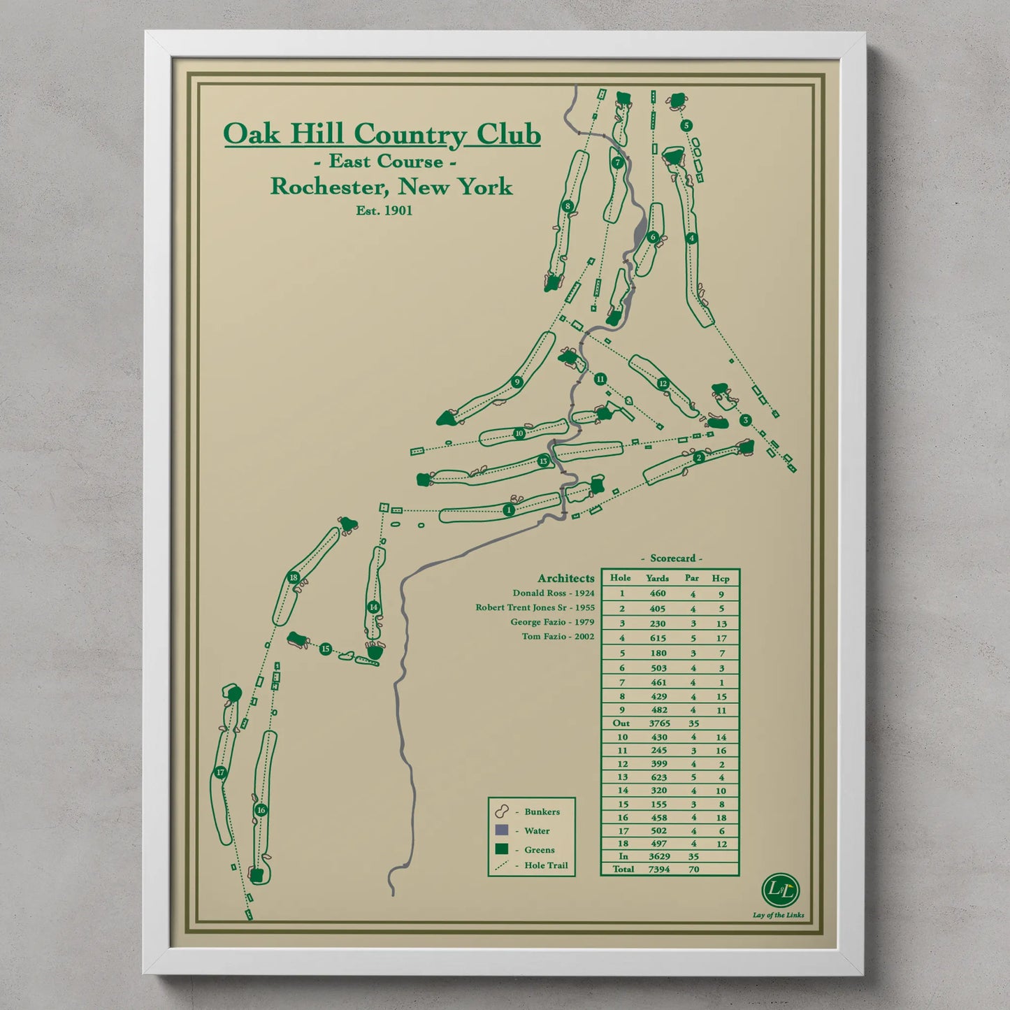Map of Oak Hill Country Club East Course in Rochester, New York on a beige background