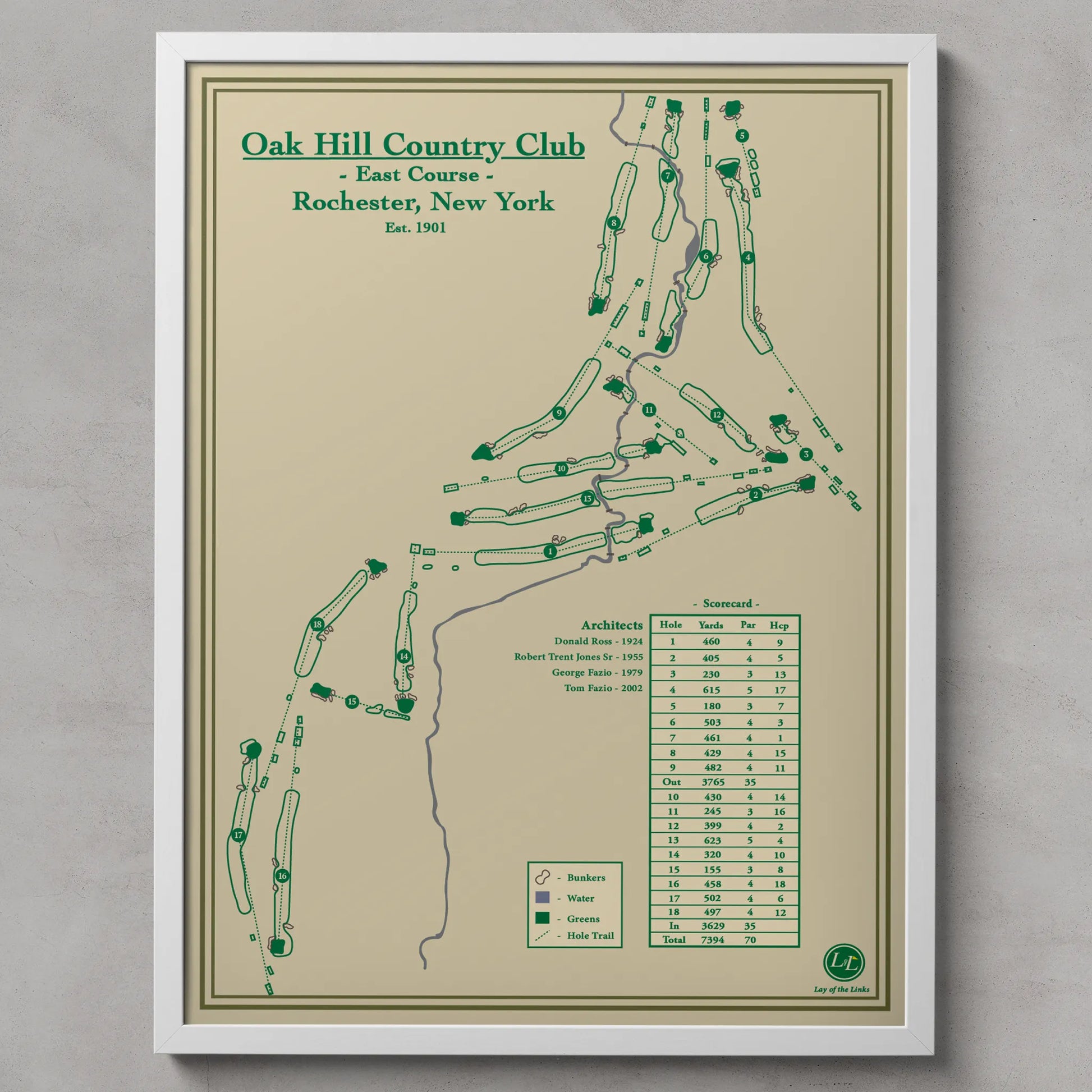 Map of Oak Hill Country Club East Course in Rochester, New York on a beige background
