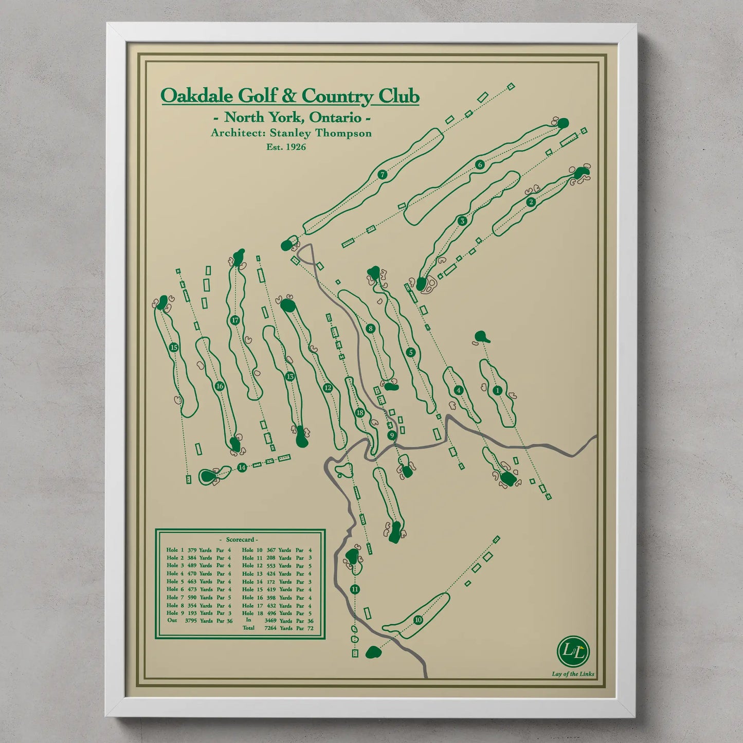 Framed map of Oakdale Golf & Country Club on a beige background