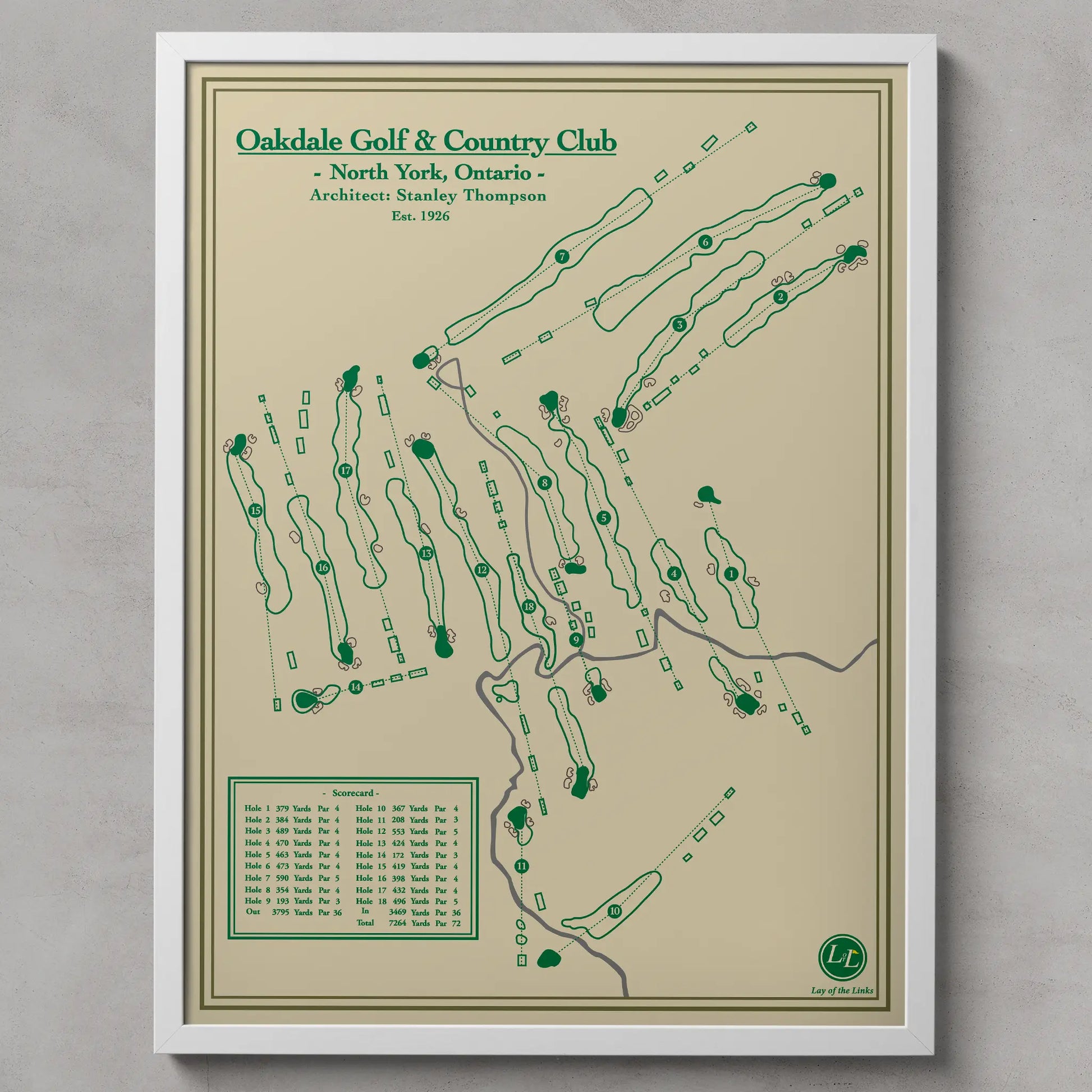 Framed map of Oakdale Golf & Country Club on a beige background
