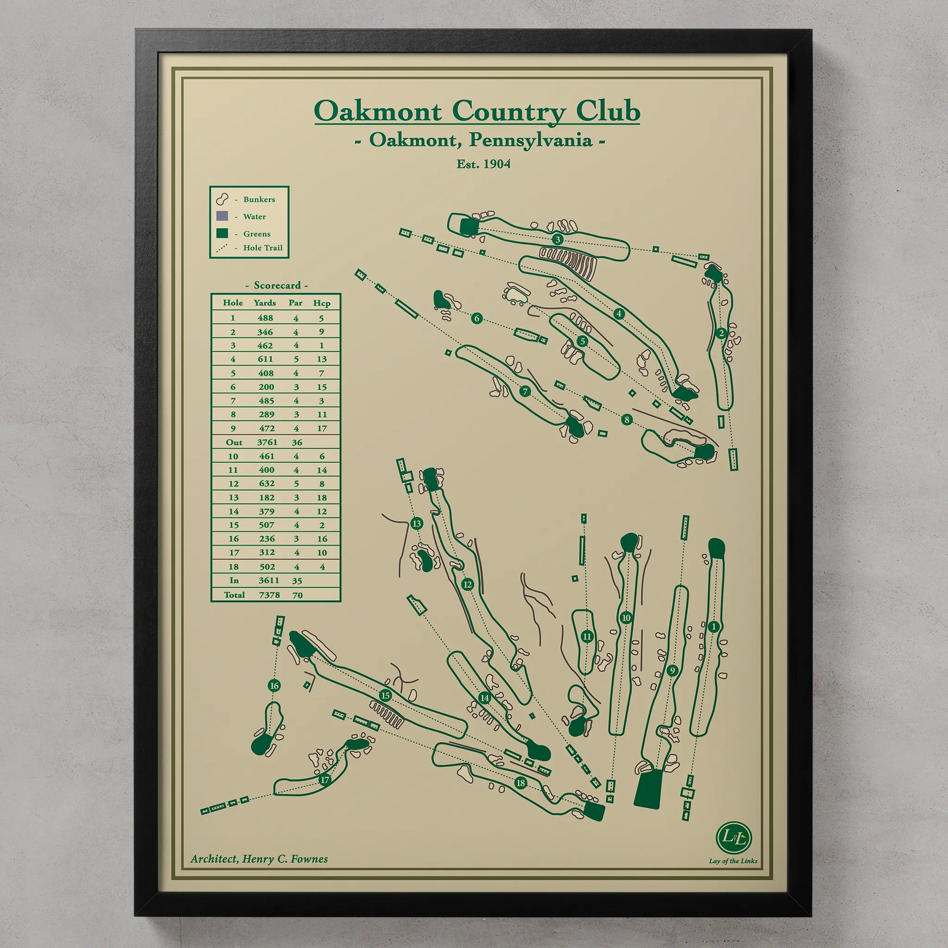 Framed course map of Oakmont Country Club