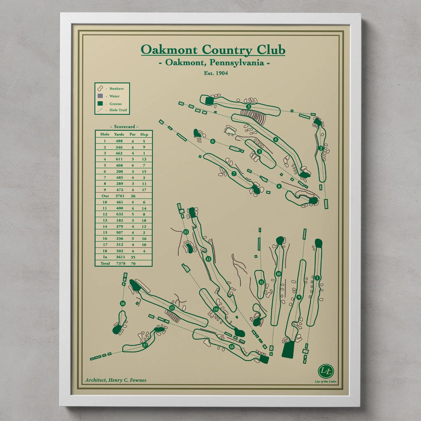Framed golf course map of Oakmont Country Club on a beige background