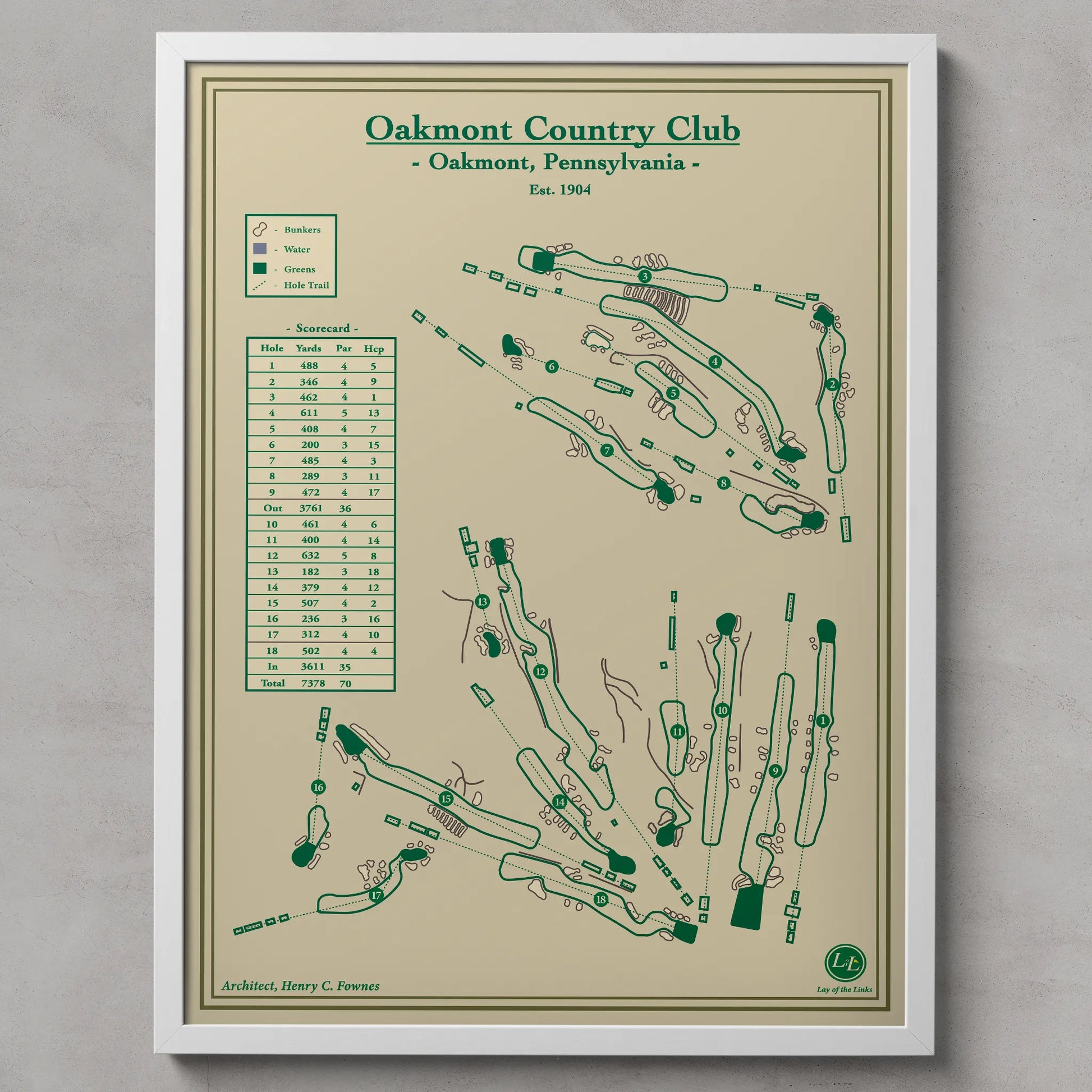 Framed golf course map of Oakmont Country Club on a beige background