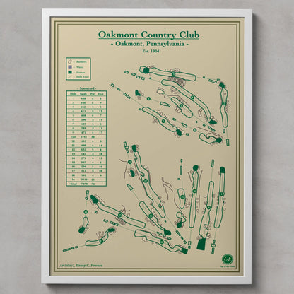 Framed golf course map of Oakmont Country Club on a beige background