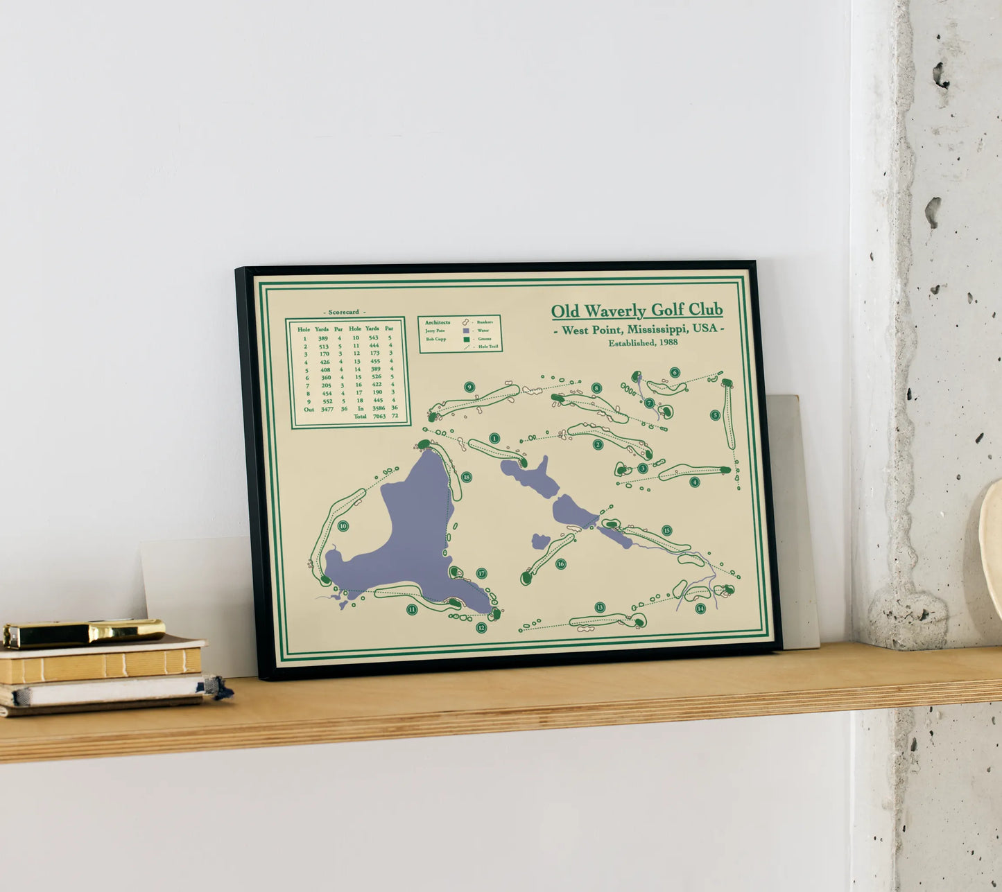 Framed course map of Old Waverly Golf Club