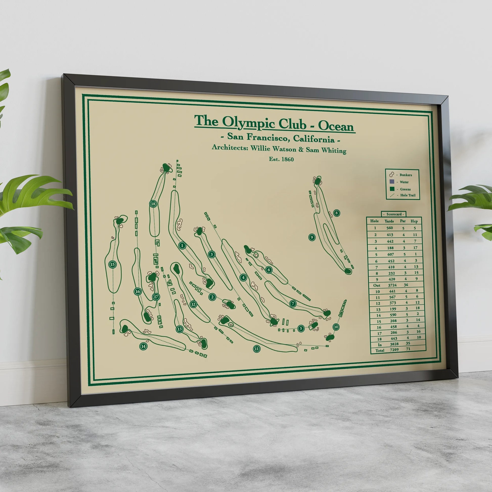 Framed golf course map of The Olympic Club Ocean in San Francisco on a light background