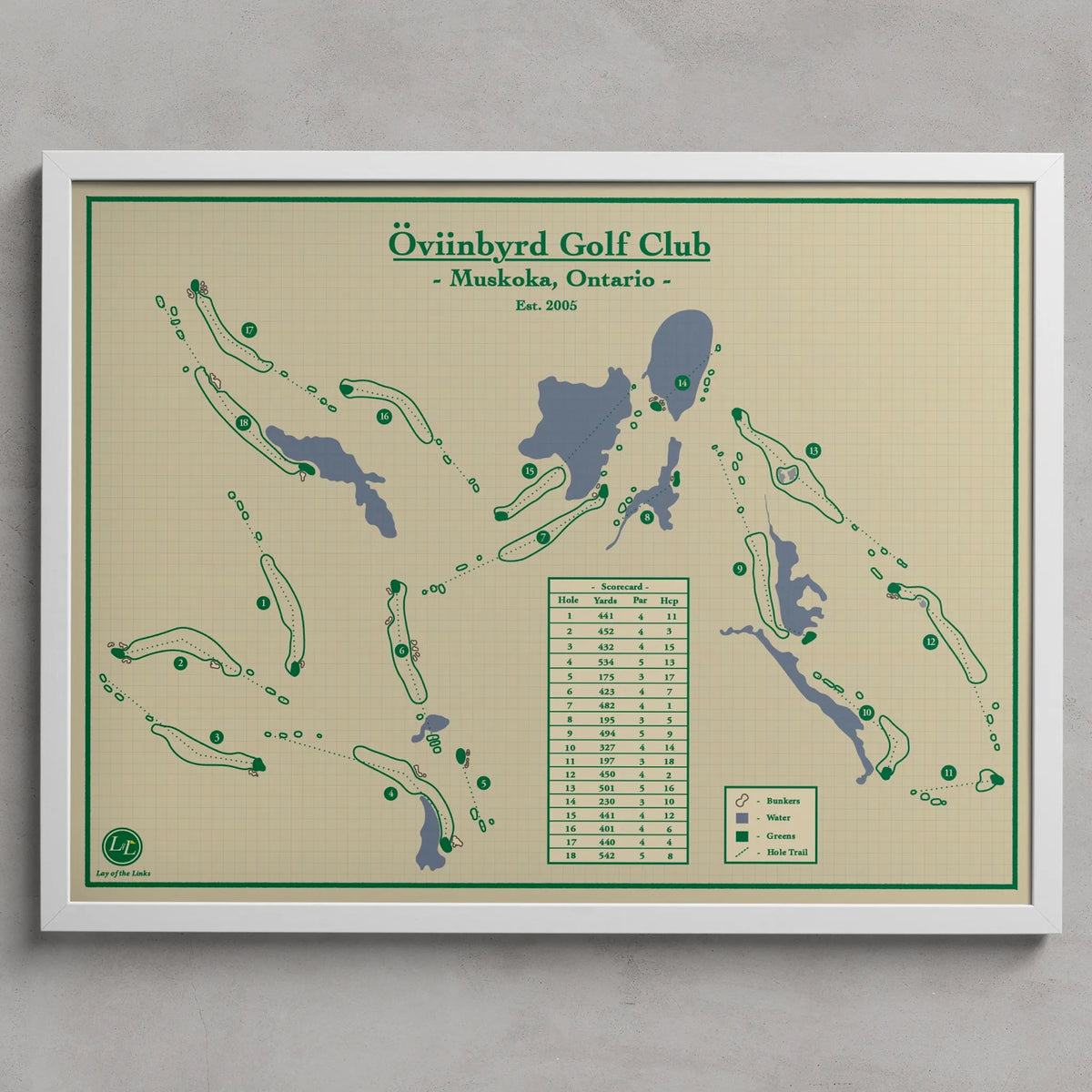 Oviinbyrd Golf Club Course Map Print Wall Art designed by Lay of the Links
