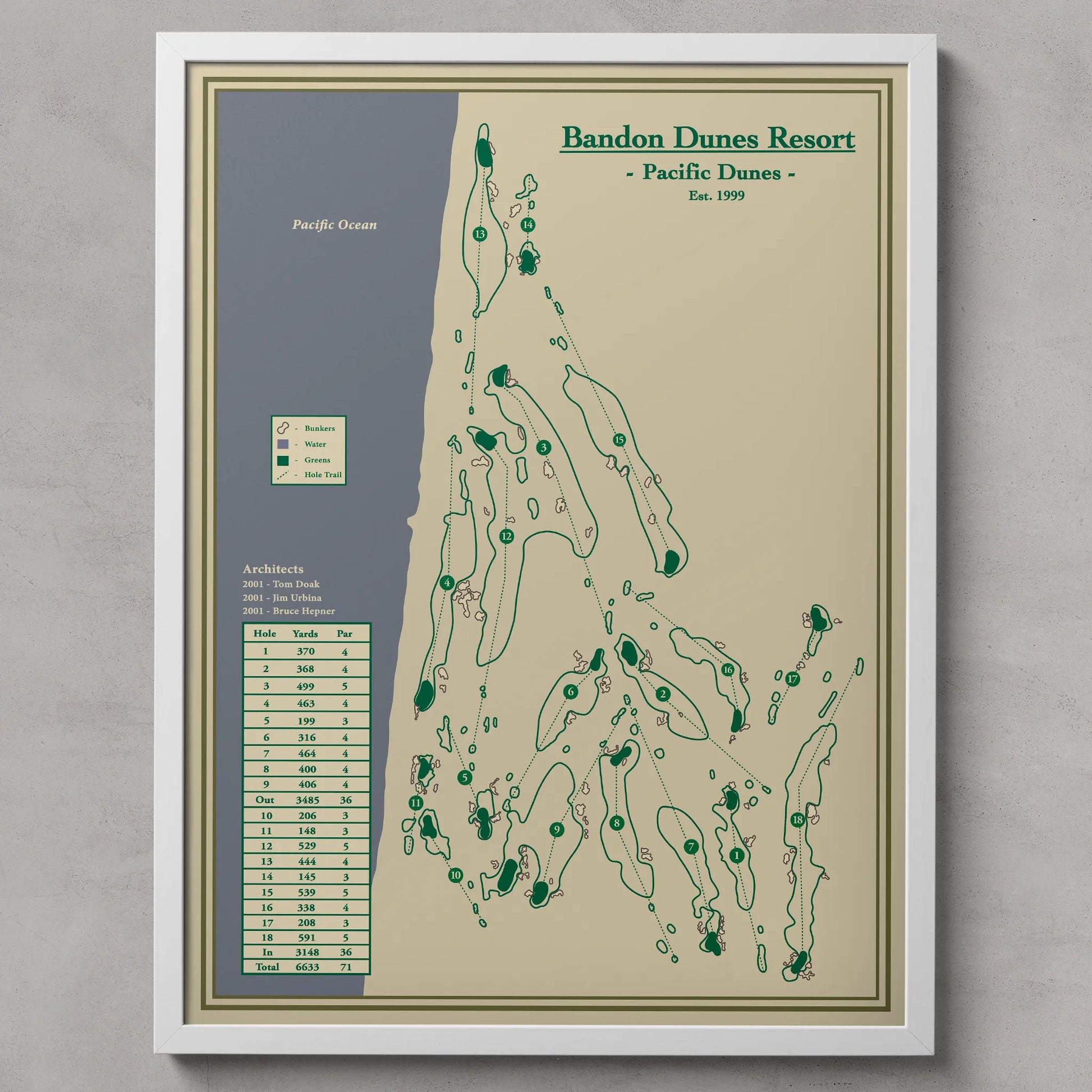 Map of Bandon Dunes Resort on a beige background with green and black text.