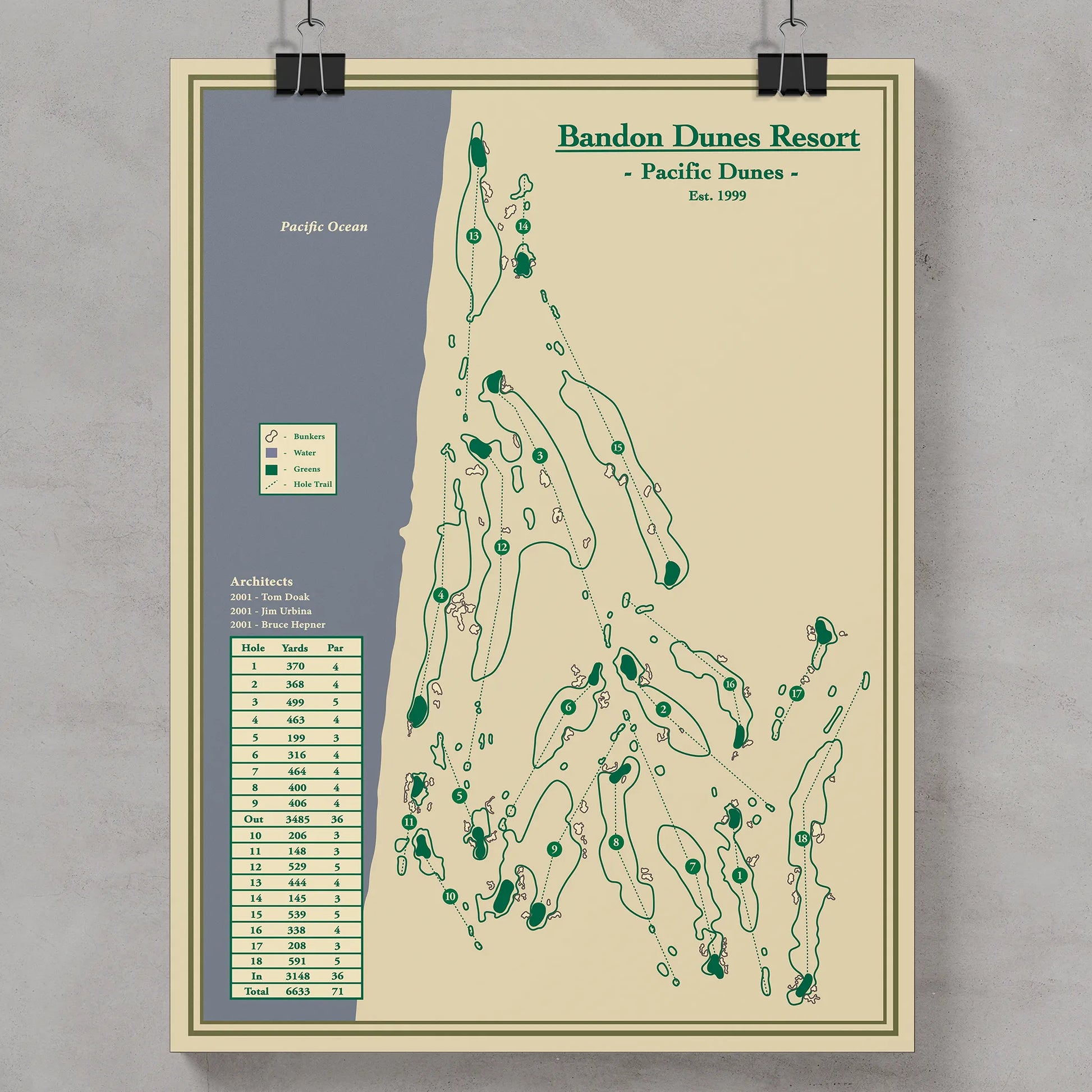 Golf course map of Pacific Dunes Resort on a gray wall