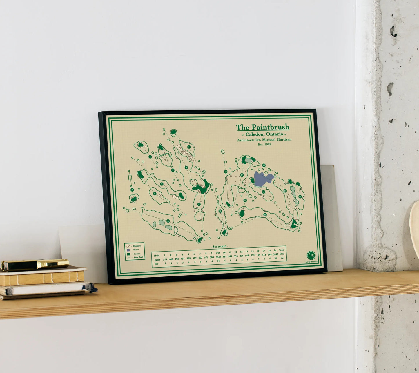 A framed golf course map print of the Paintbrush at the Pulpit Club, located in Caledon, Ontario
