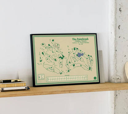 A framed golf course map print of the Paintbrush at the Pulpit Club, located in Caledon, Ontario