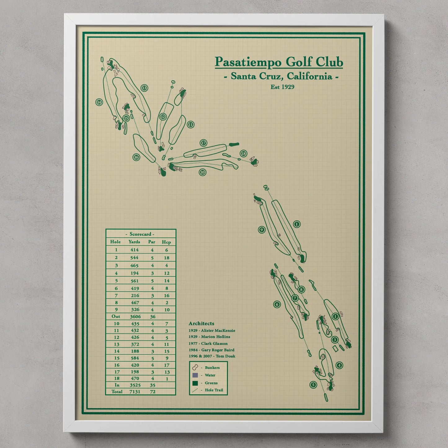 Framed map print of Pasatiempo Golf Club in Santa Cruz, California