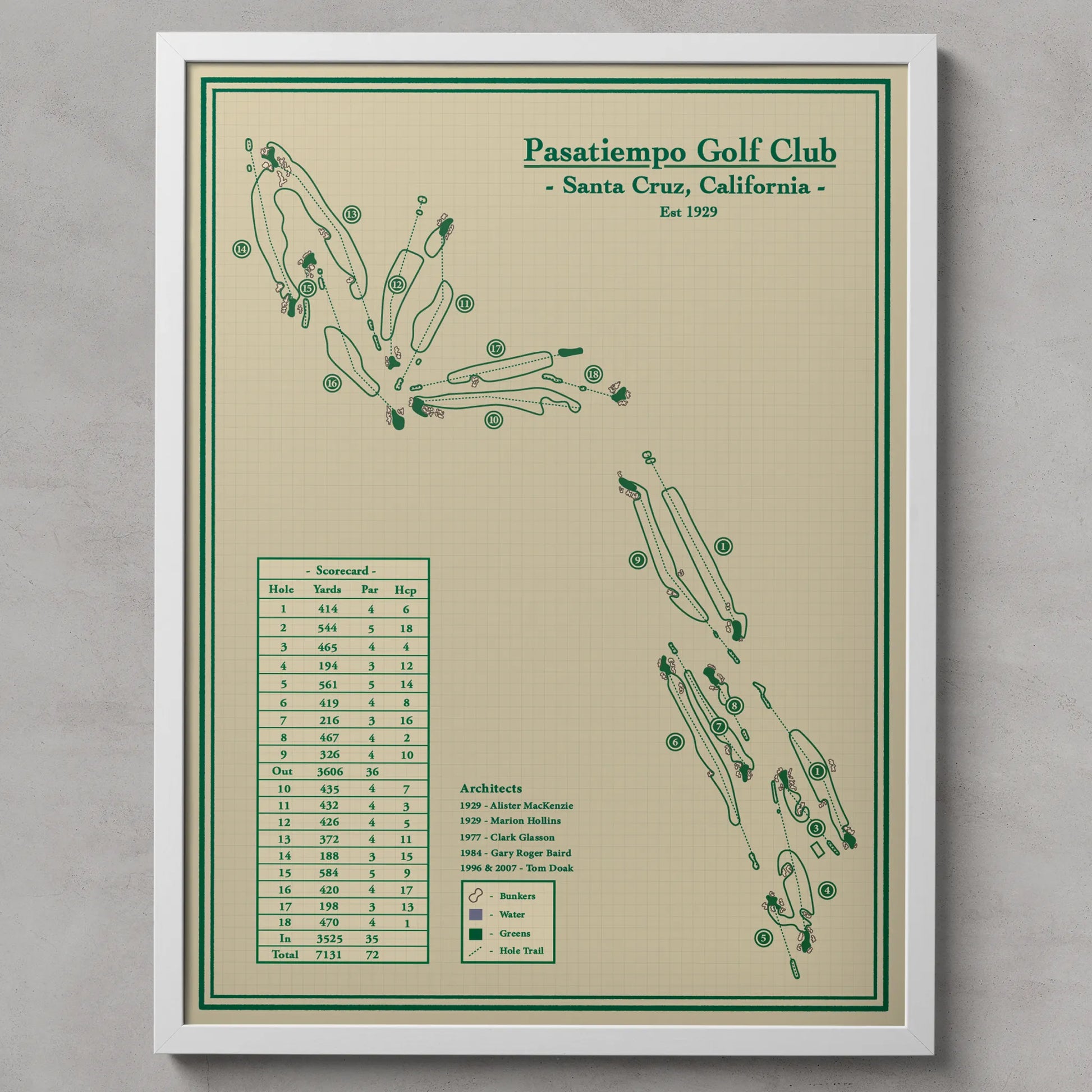Framed map print of Pasatiempo Golf Club in Santa Cruz, California